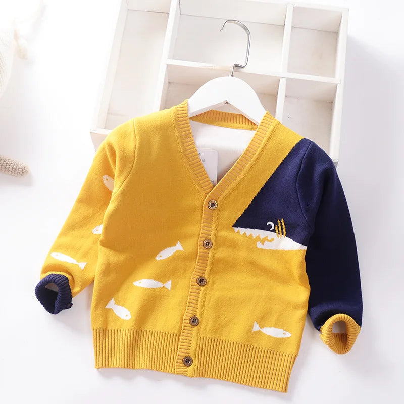 Babs Boys Sweater Cardigan Coat 2024 Autumn Winter Children's Sweaters Kids Knit Clothes Cartoon Whale V-Neck Toddler Sweaters