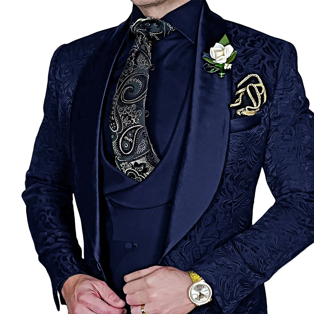 Amay Fashionable Paisley Men's 3-piece Suit Set, Jacquard One Button Blazer, Vest Pants Formal Wedding Party Suits for Men