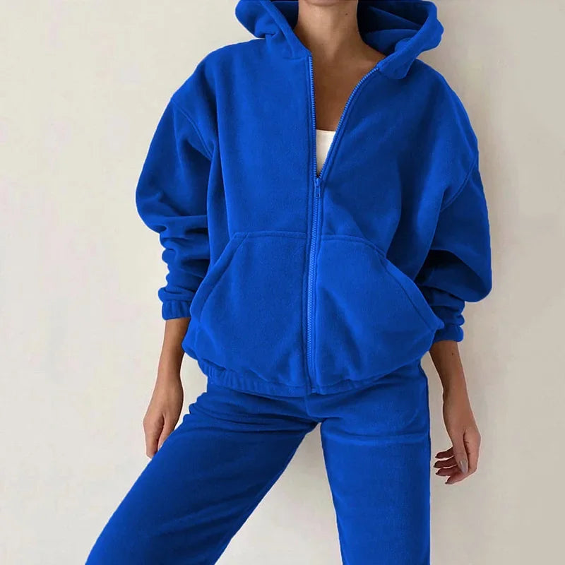 Women Tracksuit Autumn Winter Fleece Two Piece Sets Elegant Solid Oversized Warm Hoodies+Long Pant Sports Suit Ensemble Femme