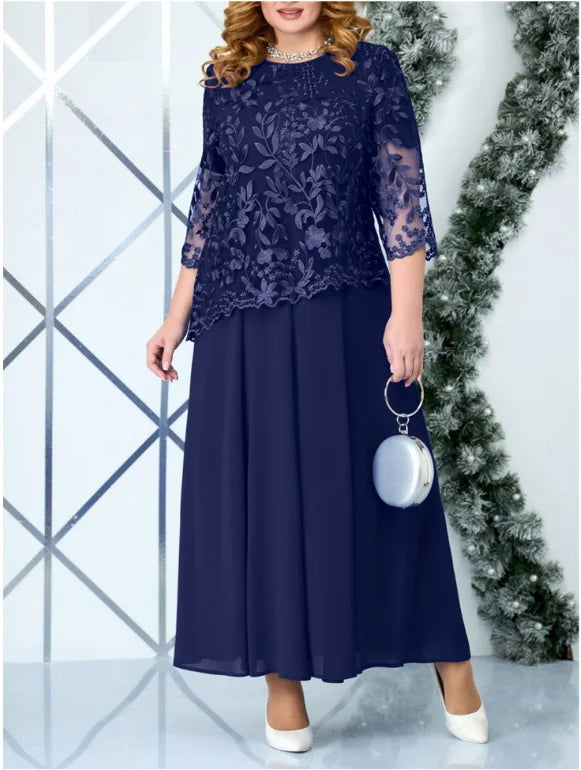 Maxy Plus Size PYL Women's Lace Long Sleeve Pullover Midi Dresses Ladies Evening Party Gowns Wedding Cocktail Clubwear