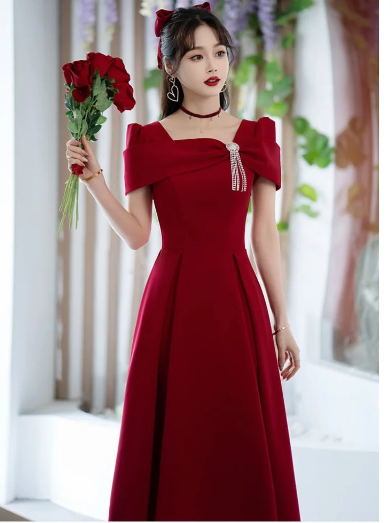 Maxy Temperament Robe Women's Solid Color Spring Summer New Square Collar Long Sleeve  A-line Long Dresses Fashion Female Vestidos