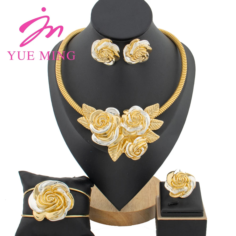 YM Women's Jewelry Set Dubai 18k Gold Plated Flower Pendant Necklace Earrings Luxury Cuff Bangles Adjustable Ring Jewelry Gifts