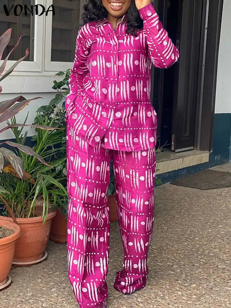 Maxy Women Office Sets Elegant Pants Suits Stand up Short Sleeve Printed Tops Pants Oversized Matching Sets Baggy