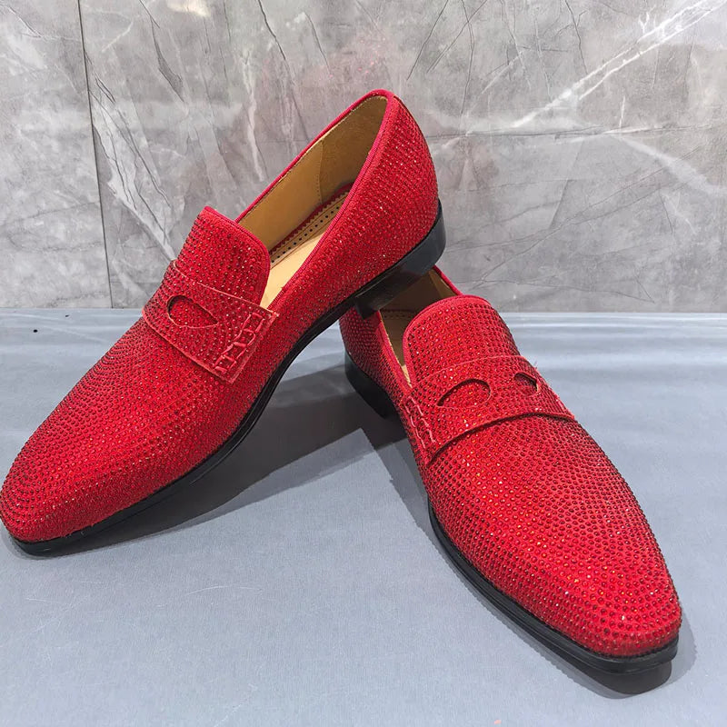 Visco Red Rhinestone Shoes Man Pointed Toe Eyes Decor Slip On Flats Male Fashion Wedding Shoes