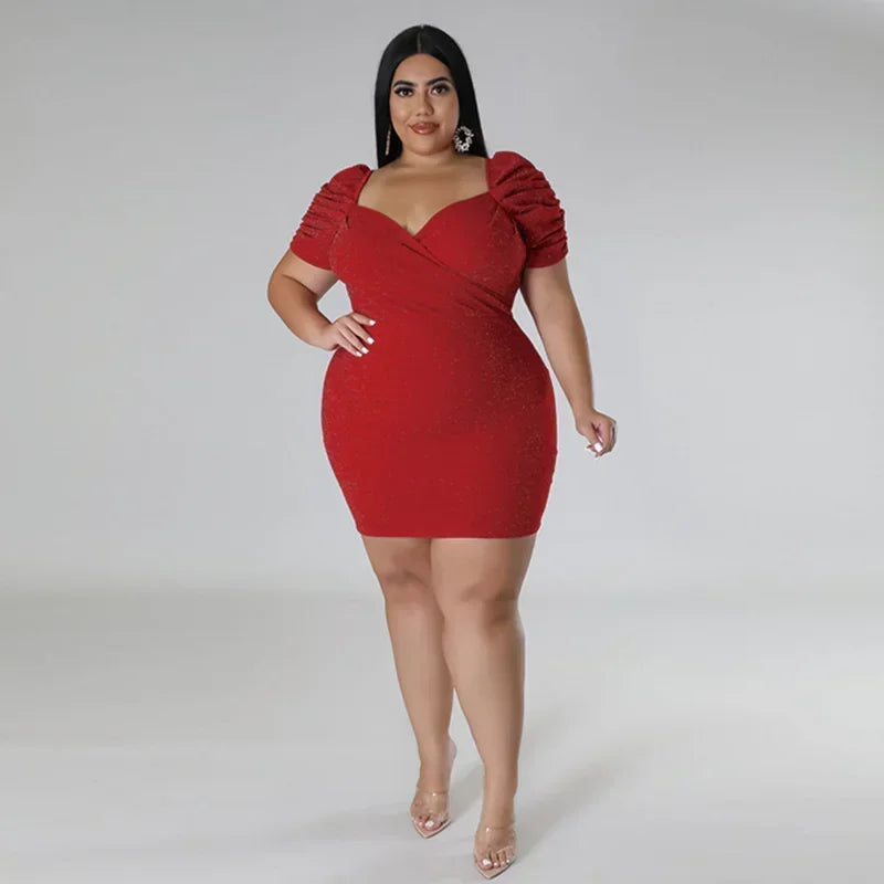 KEXU Sexy Glitter Plus Size Dresses Ruched Short Sleeve V Neck Slim Elegant Lady Party Dress Large Size Women's Evening Dress