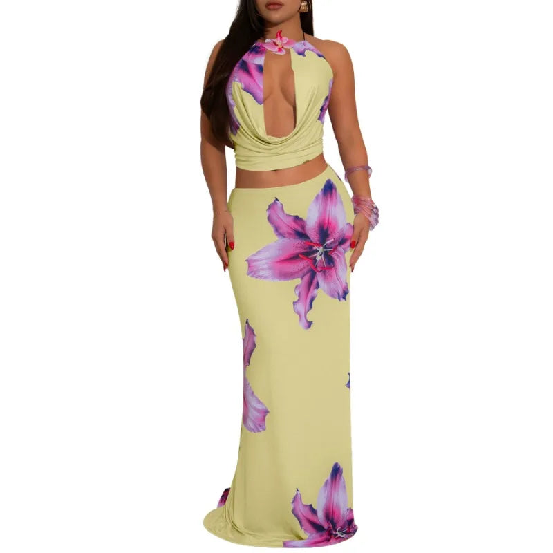 Maxy Floral Printed Street Women's Set U-Neck Crop Tops and Bodycon Long Skirts Suit Summer Birthday Holiday Two 2 Piece Set