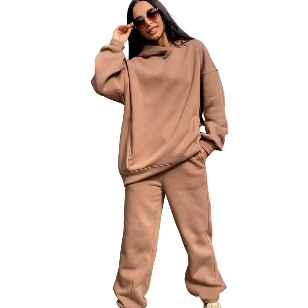 Maxy Winter Tracksuit Women Two Piece Set Solid Warm Suits Hoodies Sweatpants Oversized Pullovers Long Pant Sportswear