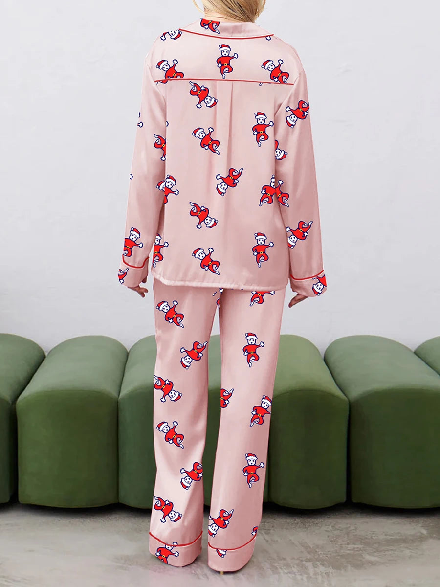 Women's Christmas Loungewear Set Snowman Print Long Sleeve Lapel Button Shirt with Long Pants Sleepwear