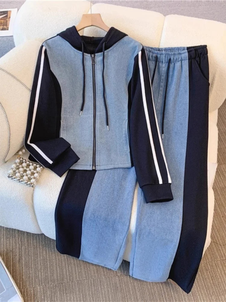 Amay Casual Pant Sets Women Denim 2 Pieces Set Fashion Long Sleeve Hooded Top Drawstring Wide Trousers Autumn Lady Suit