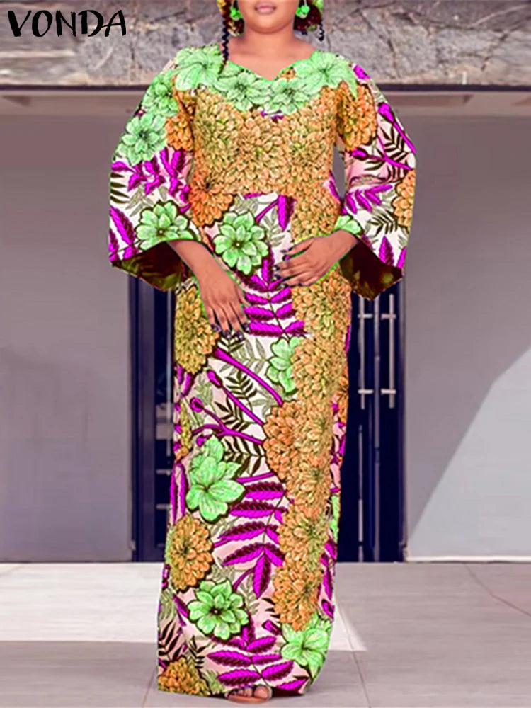 Maxy Plus Size 5XL VONDA Bohemian Maxy Dress Women Elegant Floral Print Sundress Long Sleeve Casual Vestidos Holiday Casual Robe