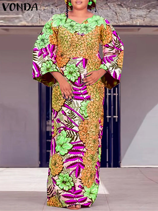 Maxy Plus Size 5XL VONDA Bohemian Maxy Dress Women Elegant Floral Print Sundress Long Sleeve Casual Vestidos Holiday Casual Robe