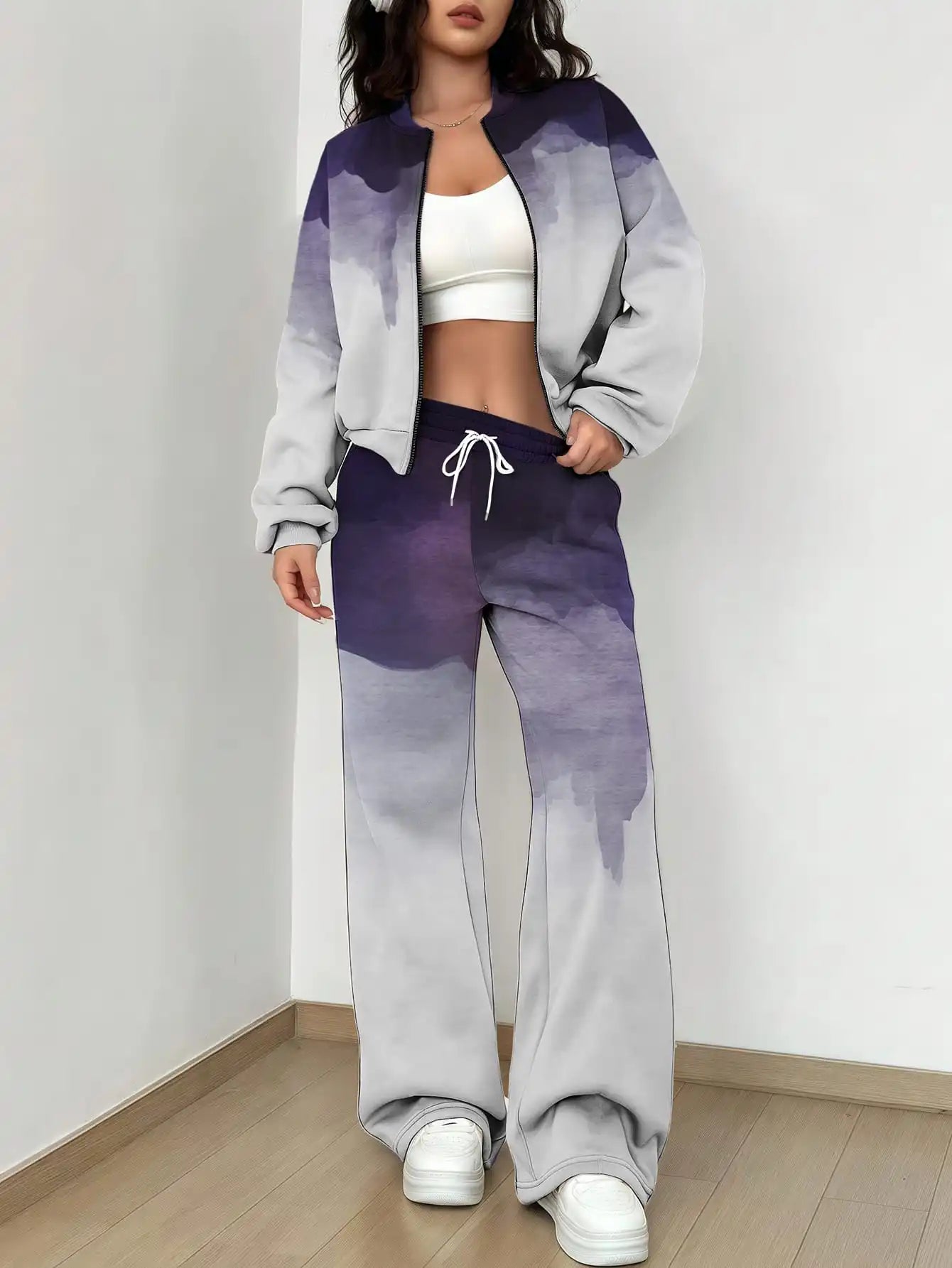 Maxy French Retro Floral Long Sleeved Zipper Jacket and Pants Set, Gentle and Stylish Two-piece Set