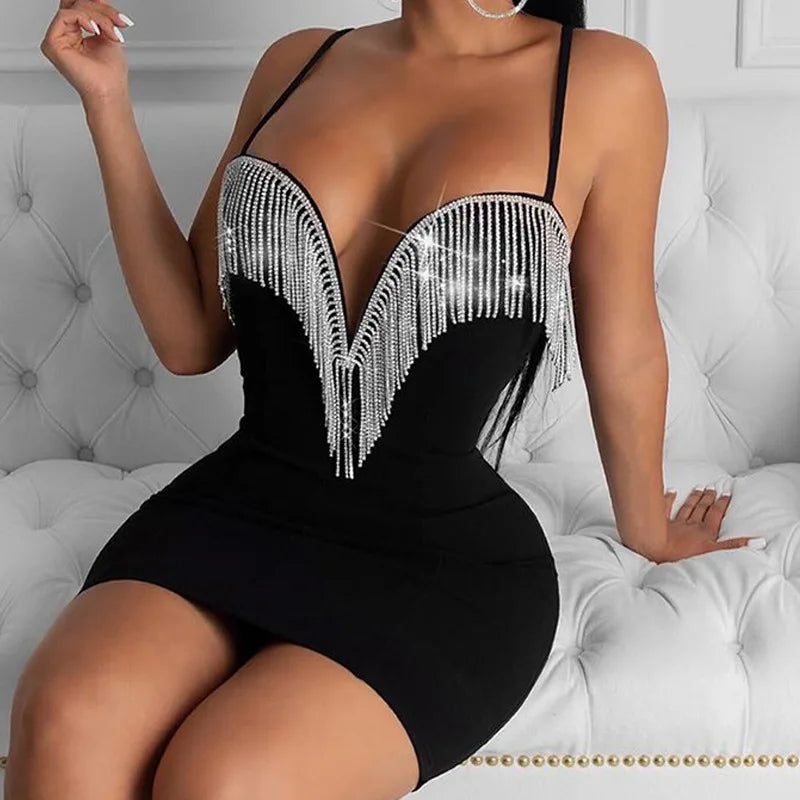 Maxy High Quality Crystal Tassel Sleeveless Celebrity Rayon Bandage Dress Party Bodycon Dress