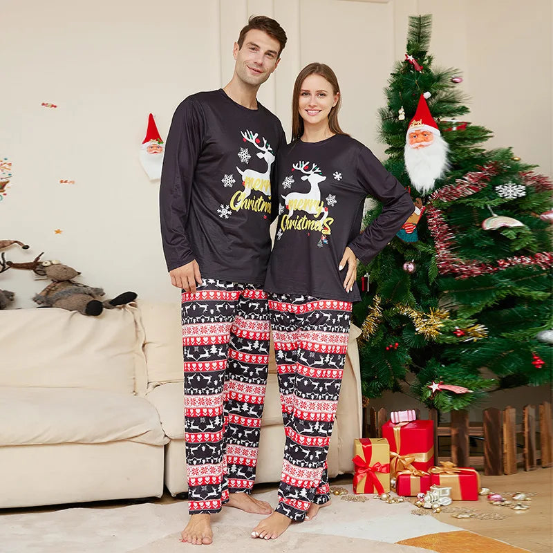 Christmas Family Matching Outfits Cartoon Elk Print Set Parent-child 2 Pieces Suit Casual Pajamas Baby Romper Xmas Look Pyjamas