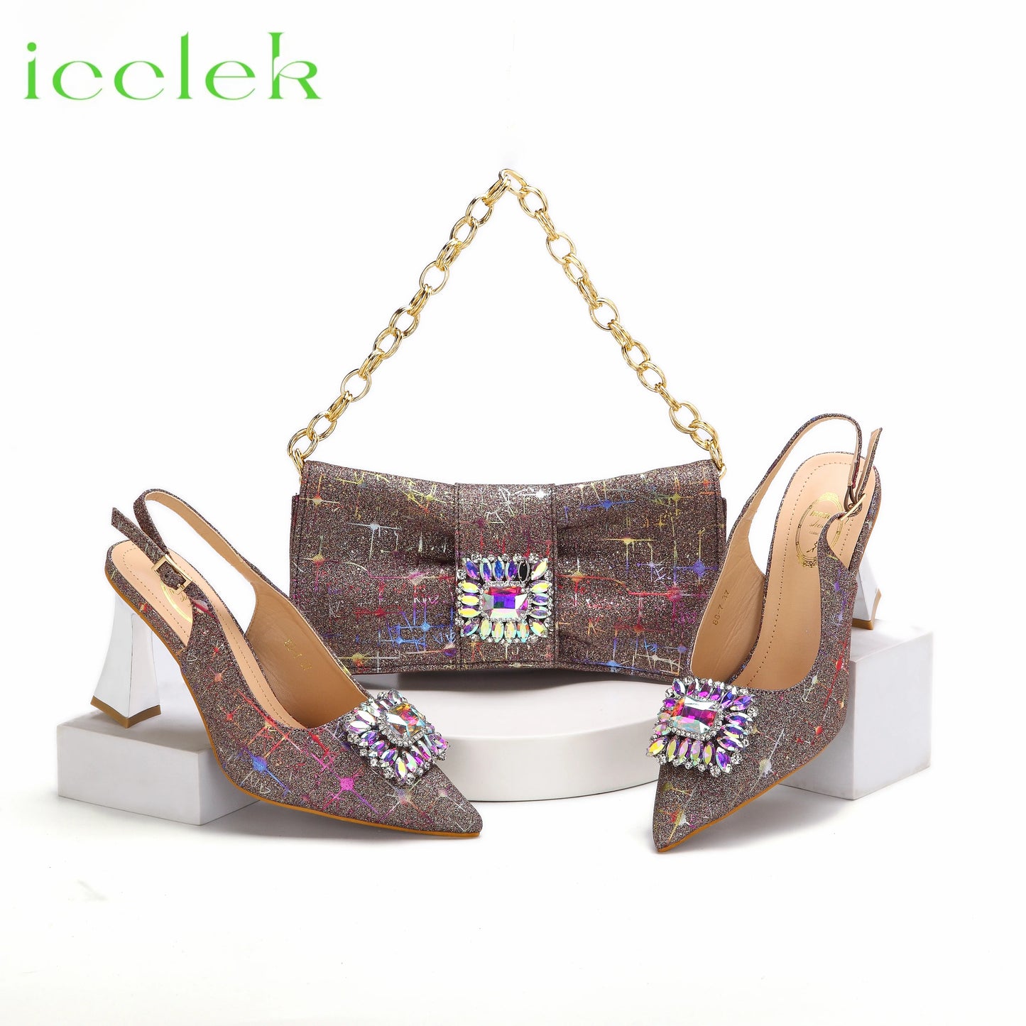 Max Women High Heels Sandals Shinning Material with Rhinestone Design Colorful Pointed Toe Shoes and Bags Set