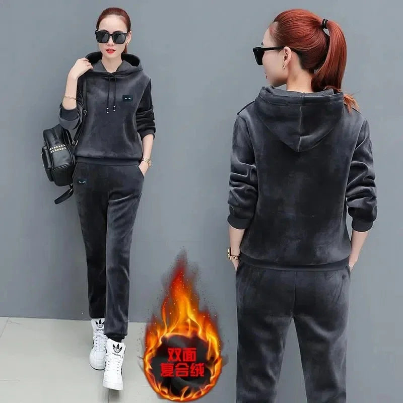 Velvet Hoodded Tops Sweatpants Tracksuit Winter Thicken 2 Piece Set Ankle Length High Waist Harem Pant Suit Jogger Woman Outfit