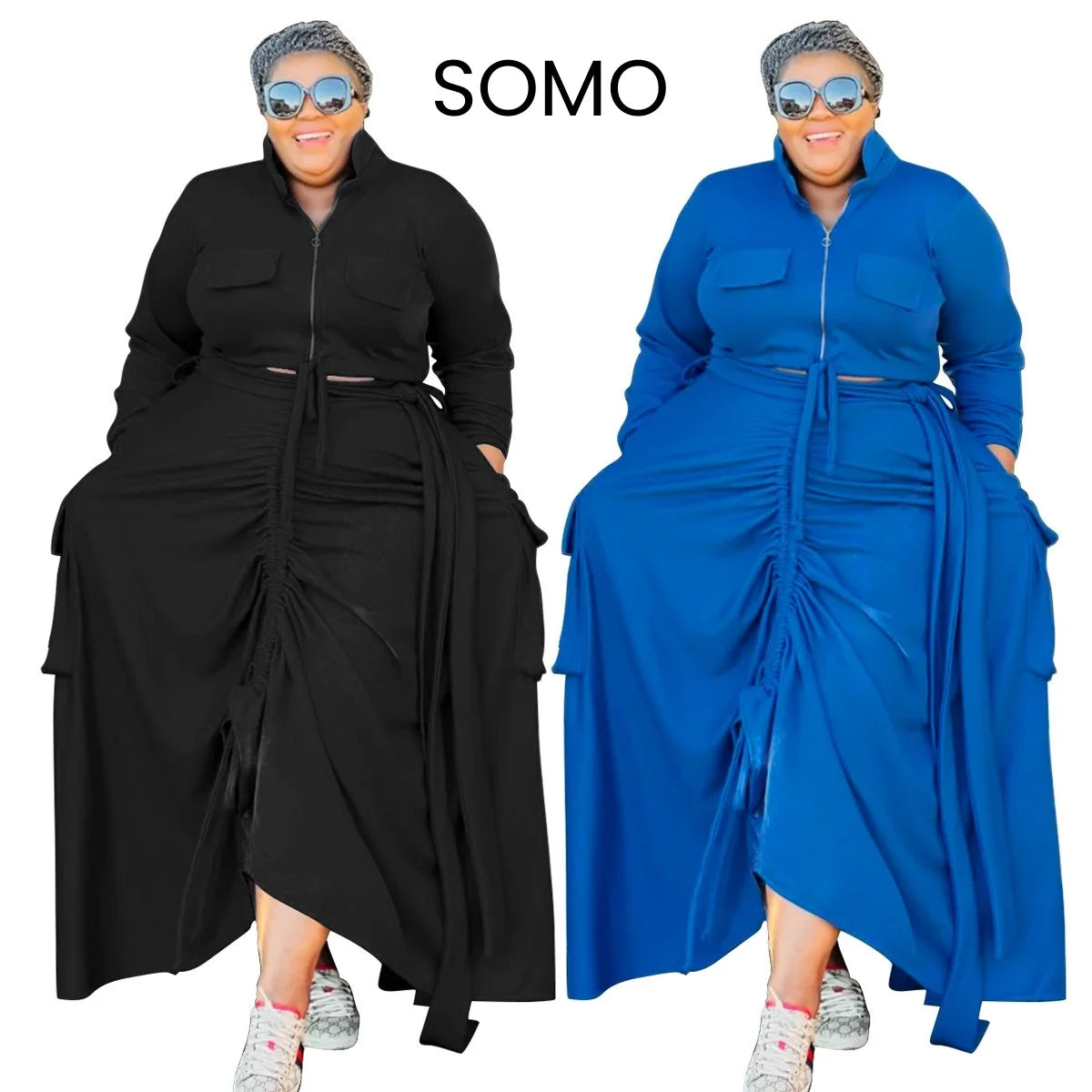 Maxy Plus Size Women 2 Piece Set Solid Color Splice Drawstring Casual Long Sleeve Coat Lapel Zipper Dress Suit
