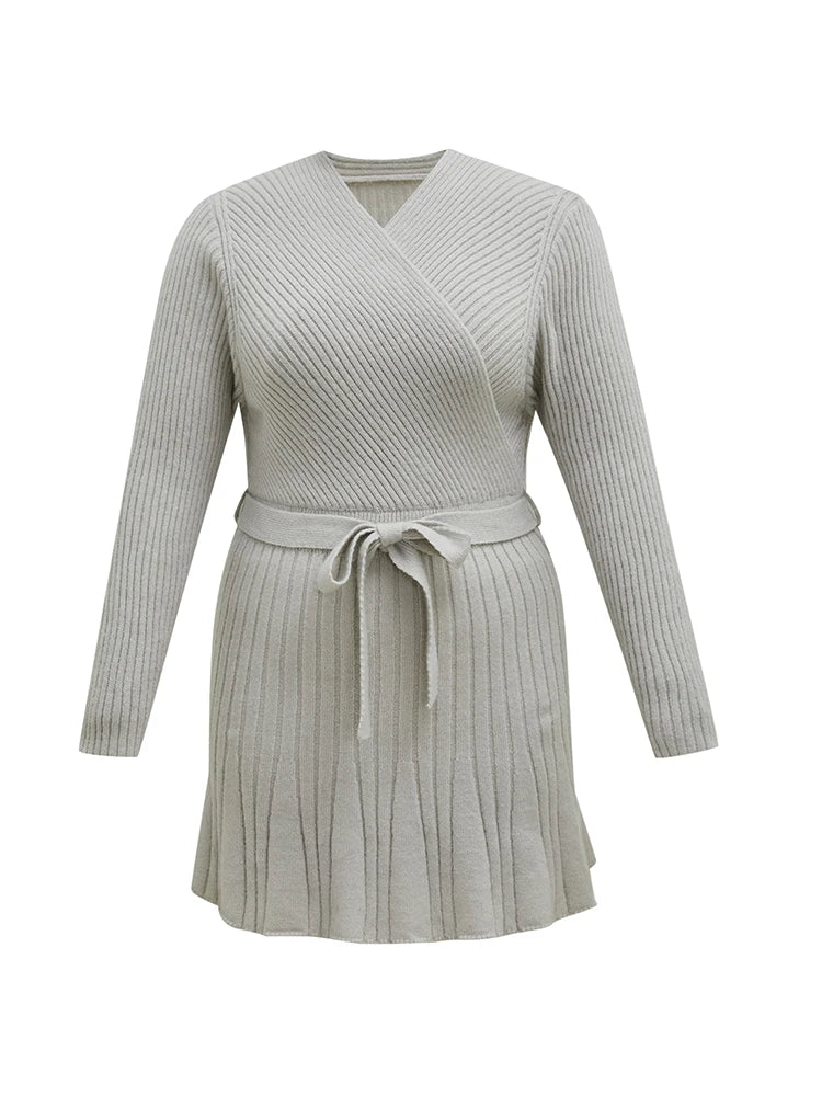 Maxy V Neck Solid Grey Cross Wrap Over Top Belt Tie Waist Plus Size Women Woolen Pullover Autumn Sweater Mini Dress Bodycon