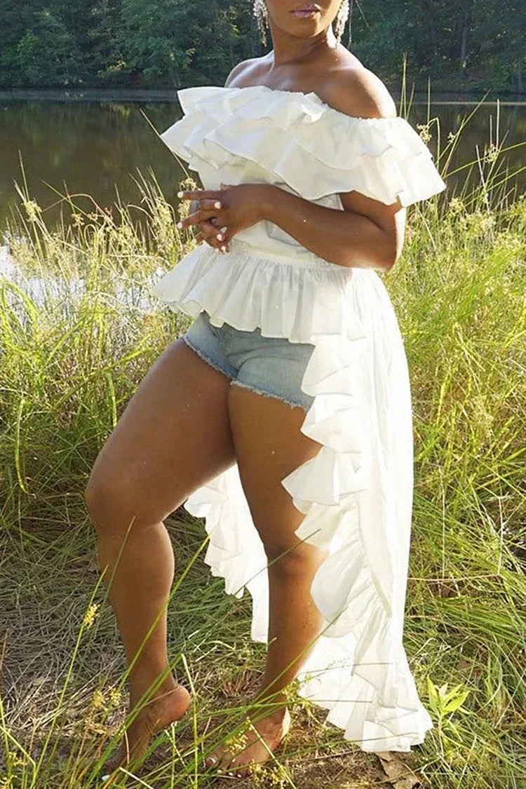 Maxy Plus Size Women's Summer Dress White Ruffle Irregular Off Shoulder High Low Mini Dresses
