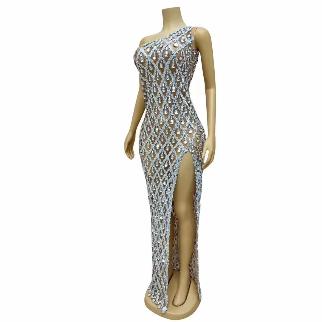Amay Women Evening Wedding Sparkly Silver Sequins Rhinestones High Split Dress Elegant Celebrate Prom Gown Birthday Photograph Dress