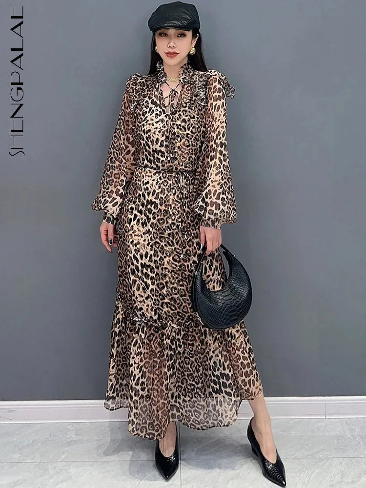 Babs Spring Summer New Dress Chiffon Printed Leopard Pattern Spliced Long Sleeved Ruffle Edge Elegant Dresses 5R9651