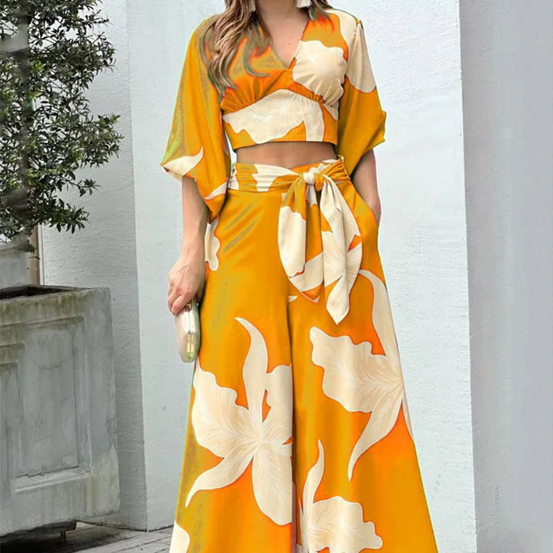 Maxy Vacation Beach Fashion Set Women's Fashion Spring V-neck Lantern Sleeve Top T-shirt Loose Sexy Lace Up Loose Pants Two Piece Set