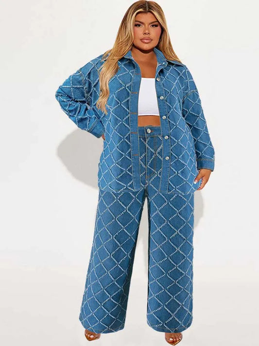 Maxy 2 Piece Set Women Jeans and Jacket Winter Casual Outfits Long Sleeve Denim Plaid Coat and Pants Sets Plus Size Clothes