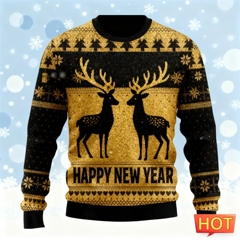 Maxy New Happy New Year Letters Sweatshirts Simple Fashion Holiday Wear 3D Printed Ugly Christmas Sweater Casual Oversized Tops