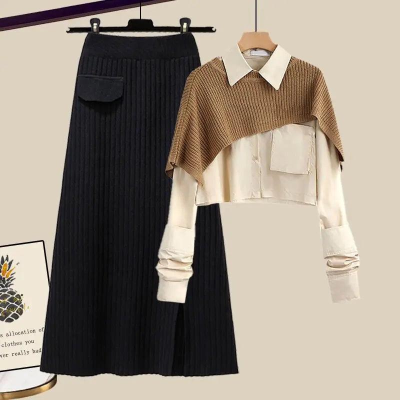 Maxy Women's Autumn and Winter Set New Loose Shawl Shirt High Waist Knitted Half Skirt Minimalist Fashion Two Piece Set