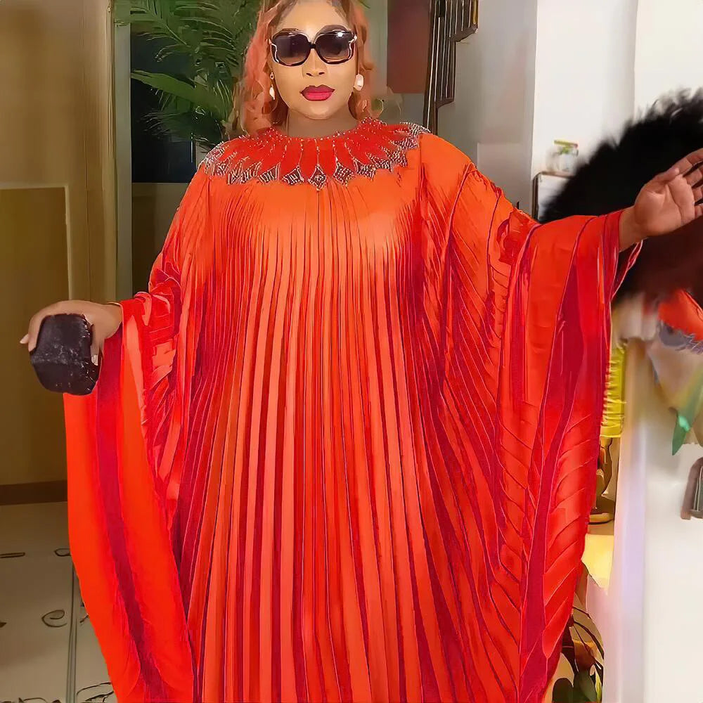 Maxy Women Pleated Diamonds Loose Maxy Evening Dress Djellaba Boubou Robe African Ankara Dashiki Dubai Turkey Abaya Kaftan Party Gown