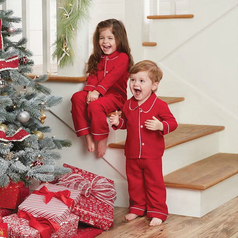 Maxy New Matching Girls and Boys Christmas Pyjamas Red Cotton Pajamas Sets for Kids Baby Enfent Sleepwear Family Childrens PJS