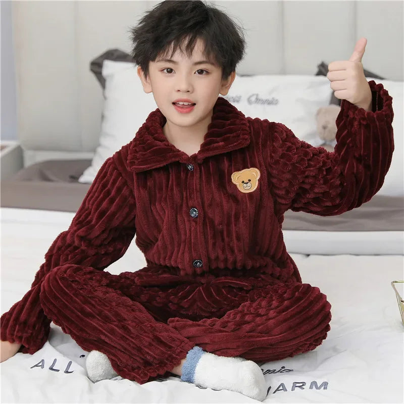 New Kids Max Pajama Sets Boys Girls Autumn Winter Thicken Warm Home Wear Cartoon Lapel Long Sleeve Sleeping Clothing Sets