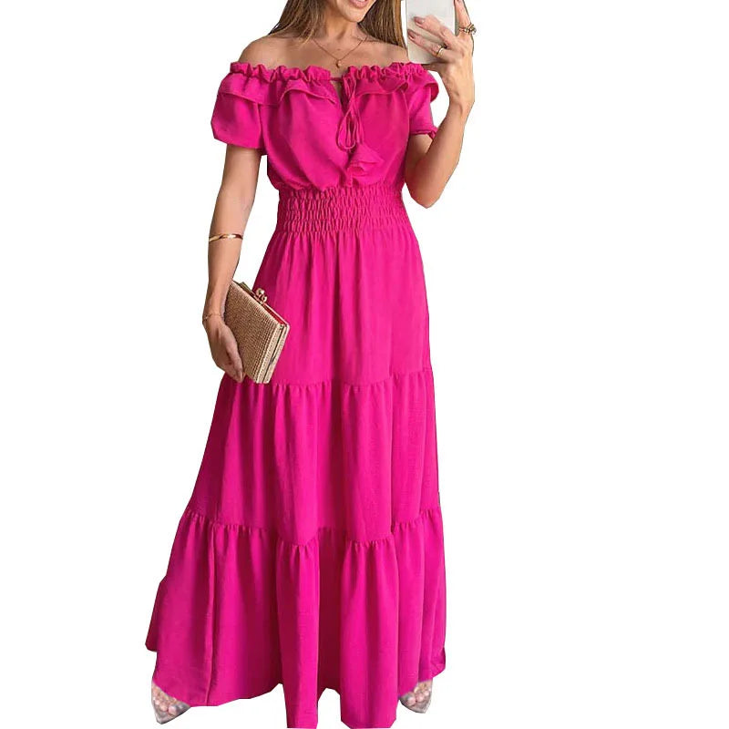 Maxy Summer Women Green Dress Fashion Elegant Short Sleeve Ruffles Maxy Casual Dresses Female Office Loose Dress