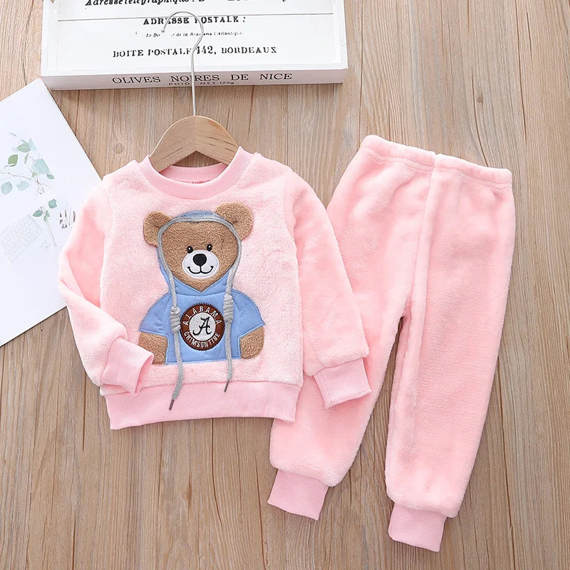 Babs Boy Clothing Set Autumn and Winter Velvet Thick Warm Casual Hooded Sweater Cartoon Cute Bear 3Pcs Toddler Girl Clothes Suit