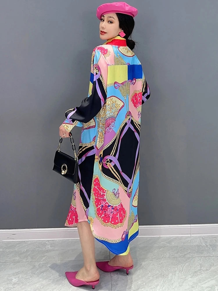 Maxy Fashion Shirt Dress for Women Korean Printed Colorful Pattern Stitching Loose Summer Clothes 5R1504