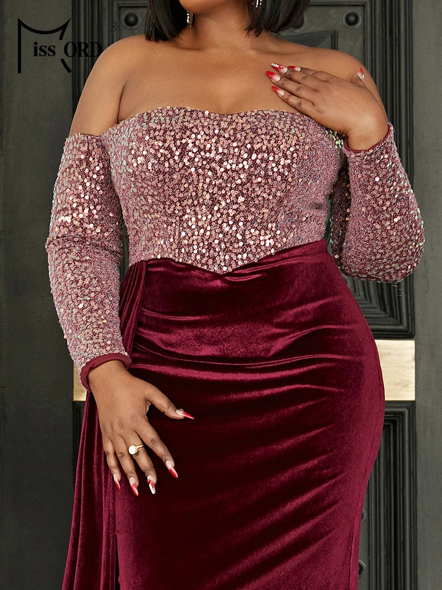 Maxy Wine Sequin Velvet Plus Size Party Dress Women Off Shoulder Long Sleeve Draped Bodycon Mermaid Evening Dresses Prom Gown