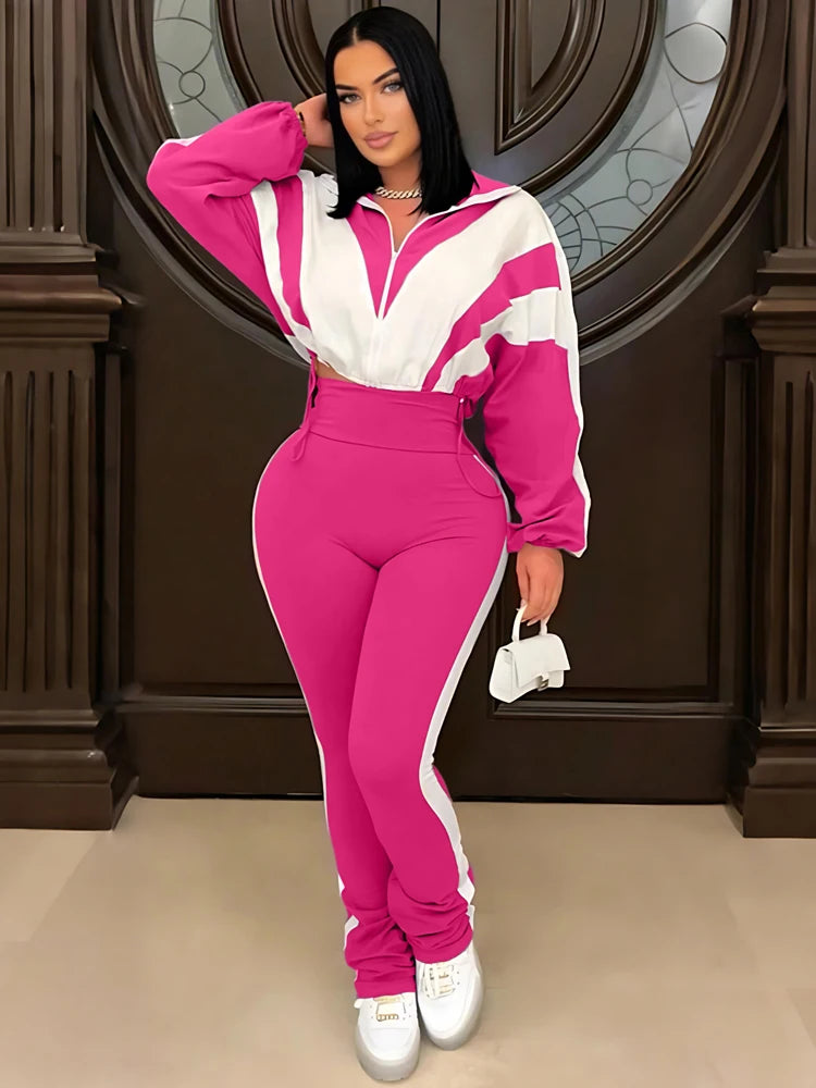 Casual Womens Set Zipper Jacket and Jogger High Waist Flared Pant Suit 2025 Fall Street Fashion Tracksuit Gym 2 Two Piece Sets