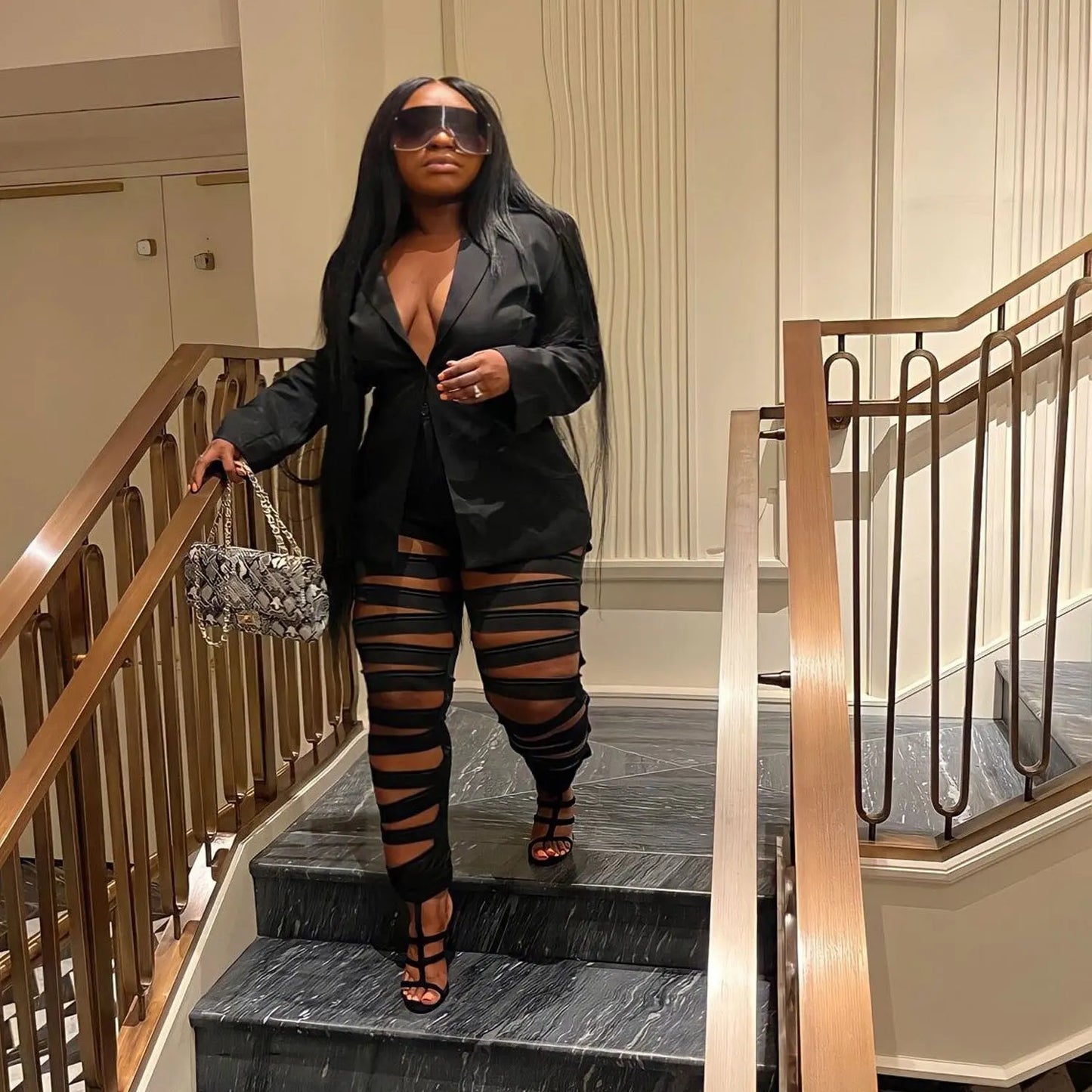 Maxy Plus Size Hollow Out Matching Set Women Solid Suit Jacket Female Winter Pencil Pant Lady Elegant Outfit Two Piece Pant Set