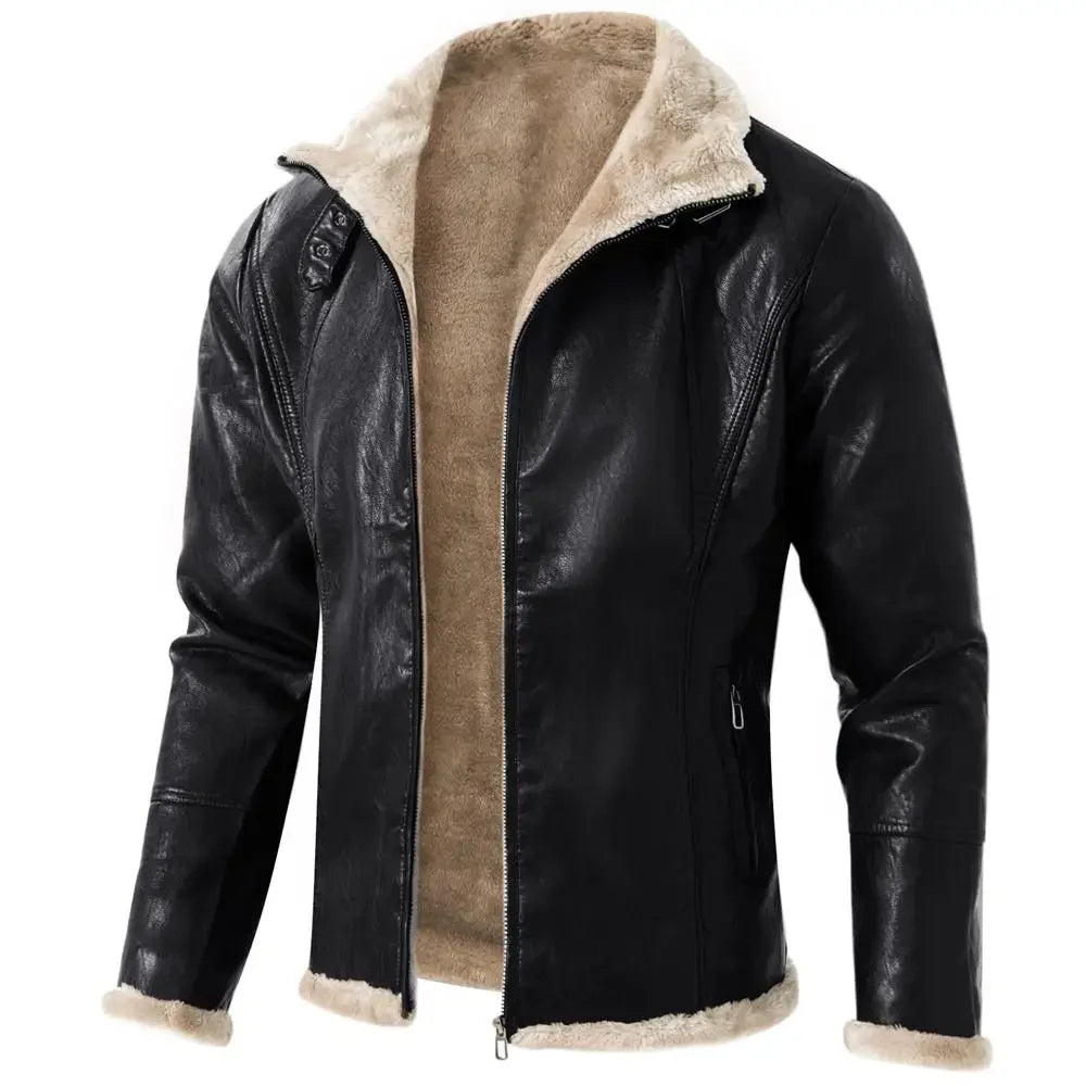 Winter Fleece Men’s Leather Jacket Warm Motorycle Leather Outerwear Mens Casual Turn Down Collar Coats PU Moto Biker Jackets Man