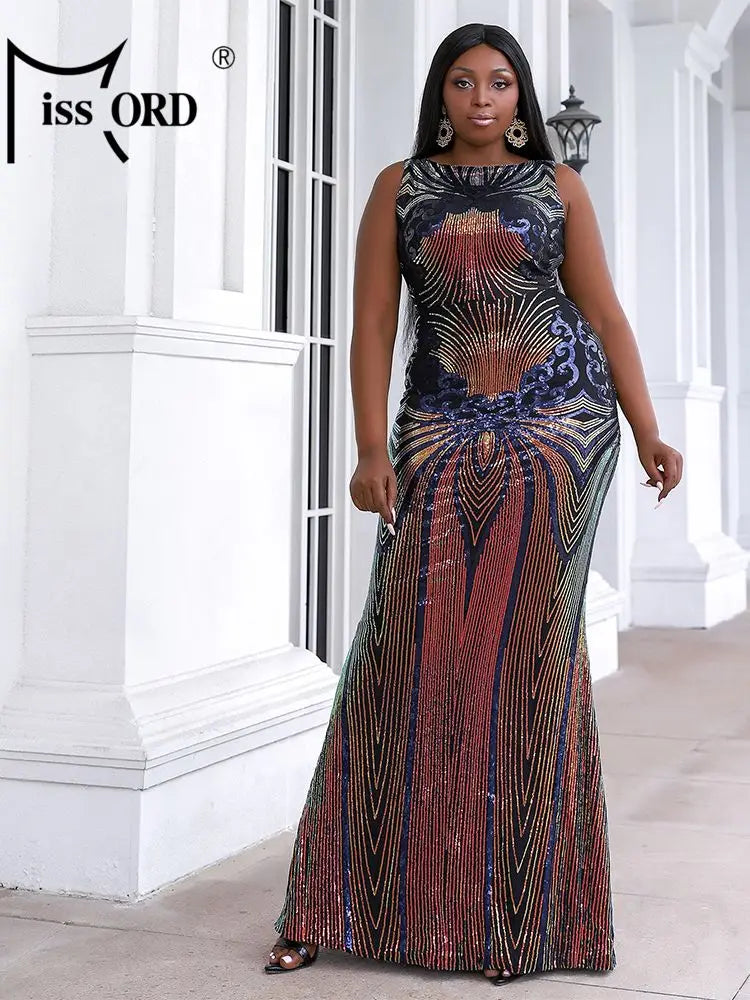 Maxy Multicolor Sequin Plus Size Wedding Party Dress Women Elegant O-neck Sleeveless Bodycon Prom Dresses Long Evening Gown