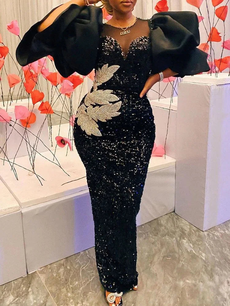 Amay Women Sequined Shiny Black Long Dress Glitter Embroidered Chest Wrapped Puff Sleeve Classy Winter Fall Party Celebrity Gowns New