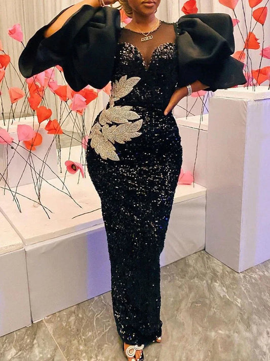 Amay Women Sequined Shiny Black Long Dress Glitter Embroidered Chest Wrapped Puff Sleeve Classy Winter Fall Party Celebrity Gowns New