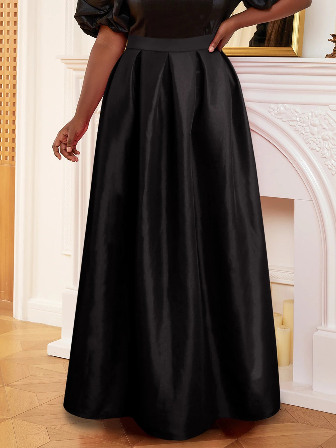 Maxy Elegant Two-Piece Sets for Women Summer V Neck Puff Short Sleeve Top High Waist Pleated  A Line Ball Skirt Modest Black Outfits