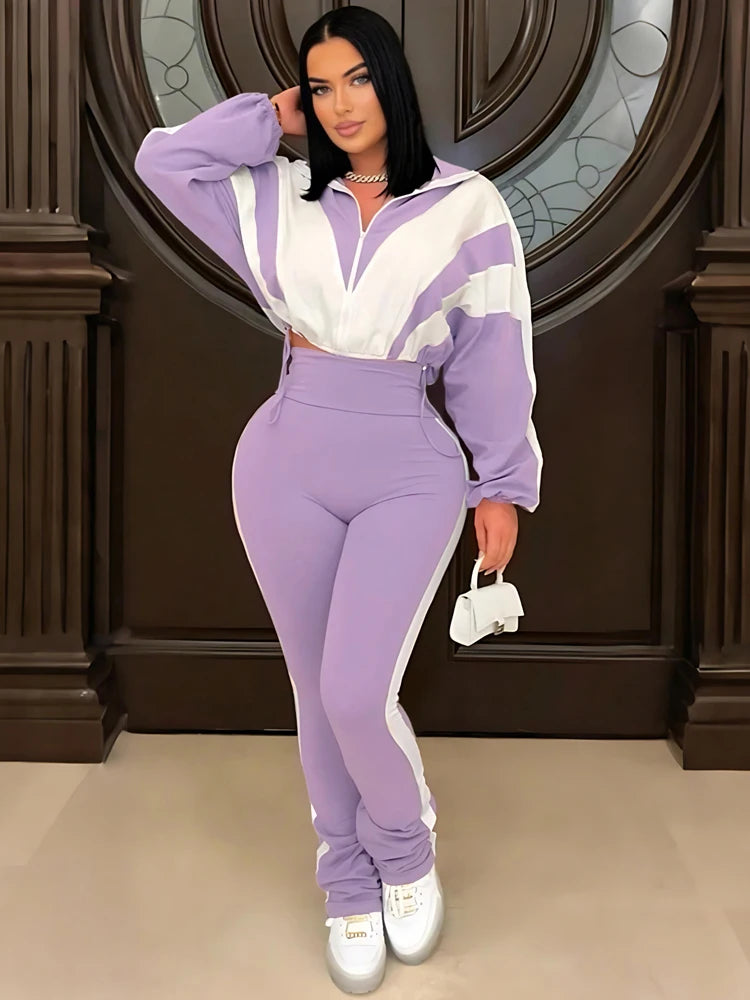 Casual Womens Set Zipper Jacket and Jogger High Waist Flared Pant Suit 2025 Fall Street Fashion Tracksuit Gym 2 Two Piece Sets