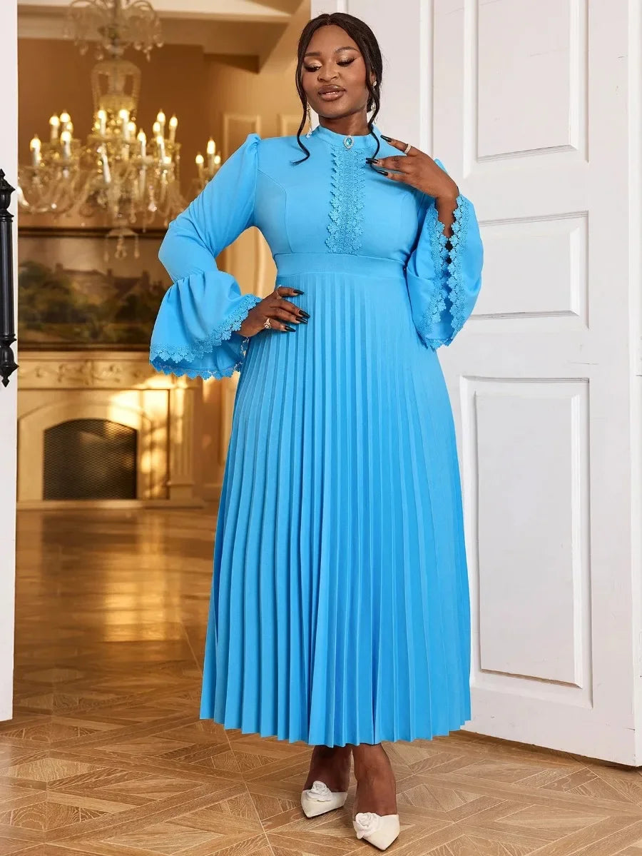 Women Blue Gracy's Dress Stand Collar Long Flare Sleeves Lace Patchwork Elegant Pleated A-Line Church Evening Banquet Party Gowns