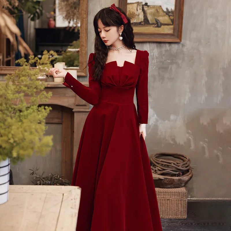 Babs Elegant Long sleeved Office Dress Wine Red Autumn Square Collar A-line Long Skirt Formal Party Wedding Bridesmaid Ball Dress