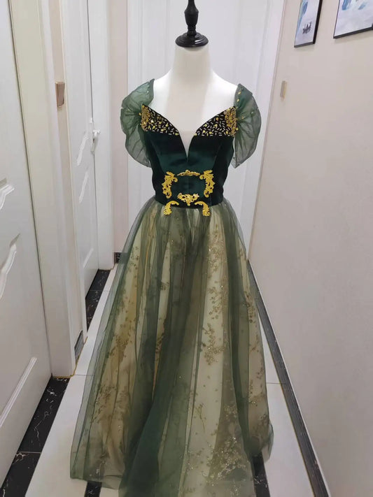 Maxy Vocal Art Exam, Piano Performance, bel canto Solo Performance Dress, Ink Green Velvet Fashion Evening Dress, Female Host