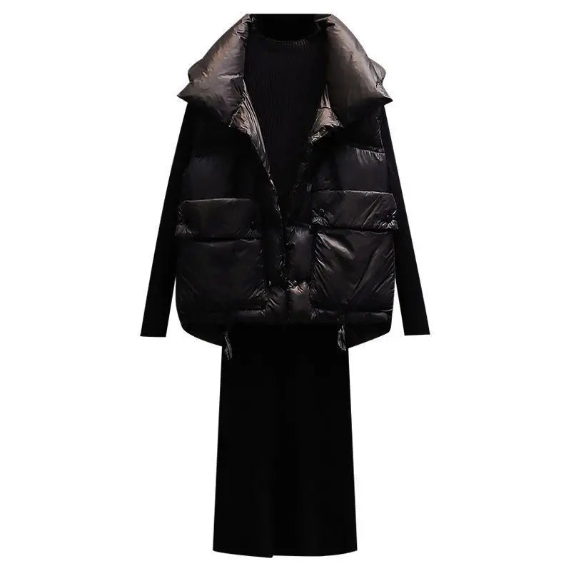 Maxy Autumn and Winter New Set Women's Korean Edition Fashion Age Reducing and Slimming Cotton Cloth Vest Woolen Dress Two Piece Set