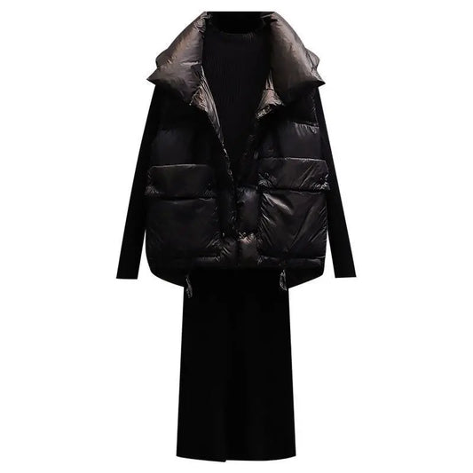 Maxy Autumn and Winter New Set Women's Korean Edition Fashion Age Reducing and Slimming Cotton Cloth Vest Woolen Dress Two Piece Set