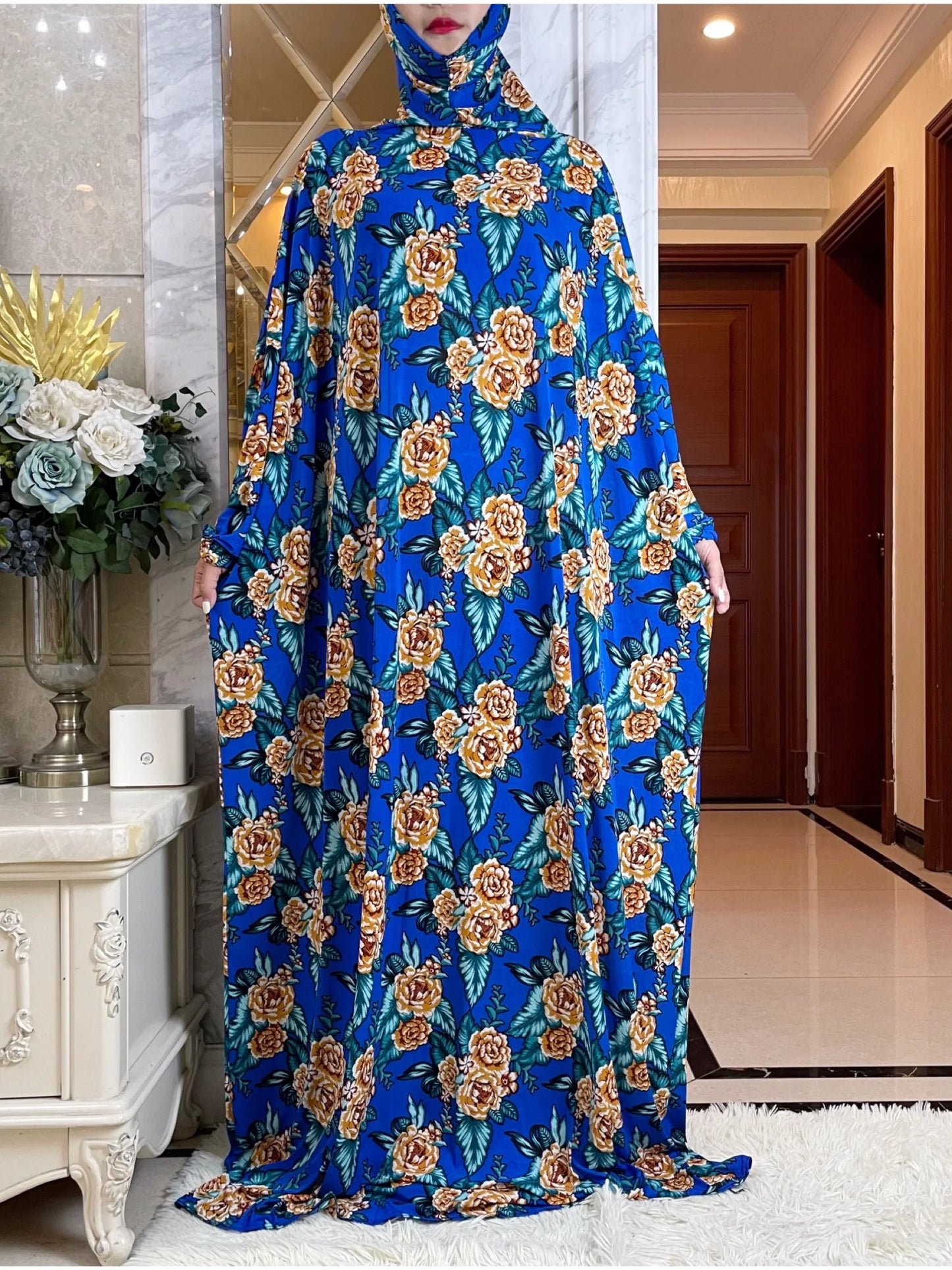 Maxy Ramadan Abaya Muslim Women, Hooded Turkey Dress, African Prayer Garment, Dress, High Elastic Comfort Fabric, Floral Prints Rob